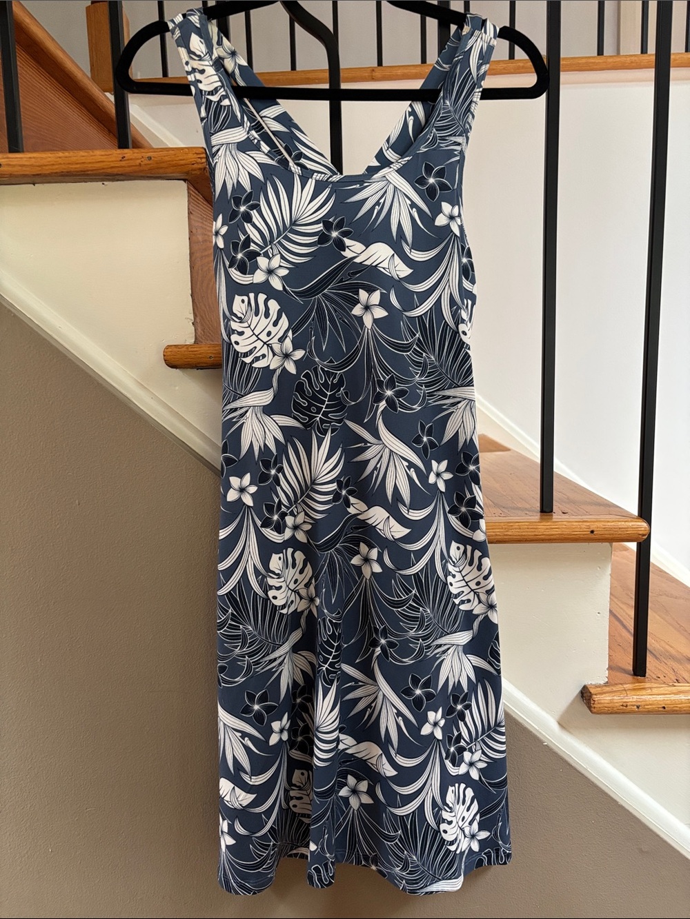 Kyodan Navy and White Tropical-Print Midi Dress